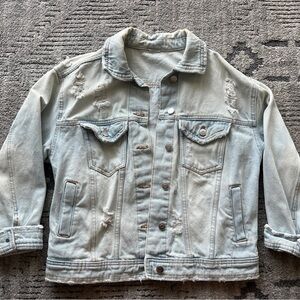 Vintage Light Wash Oversized Distressed Denim Jacket | Classic Button-Up |